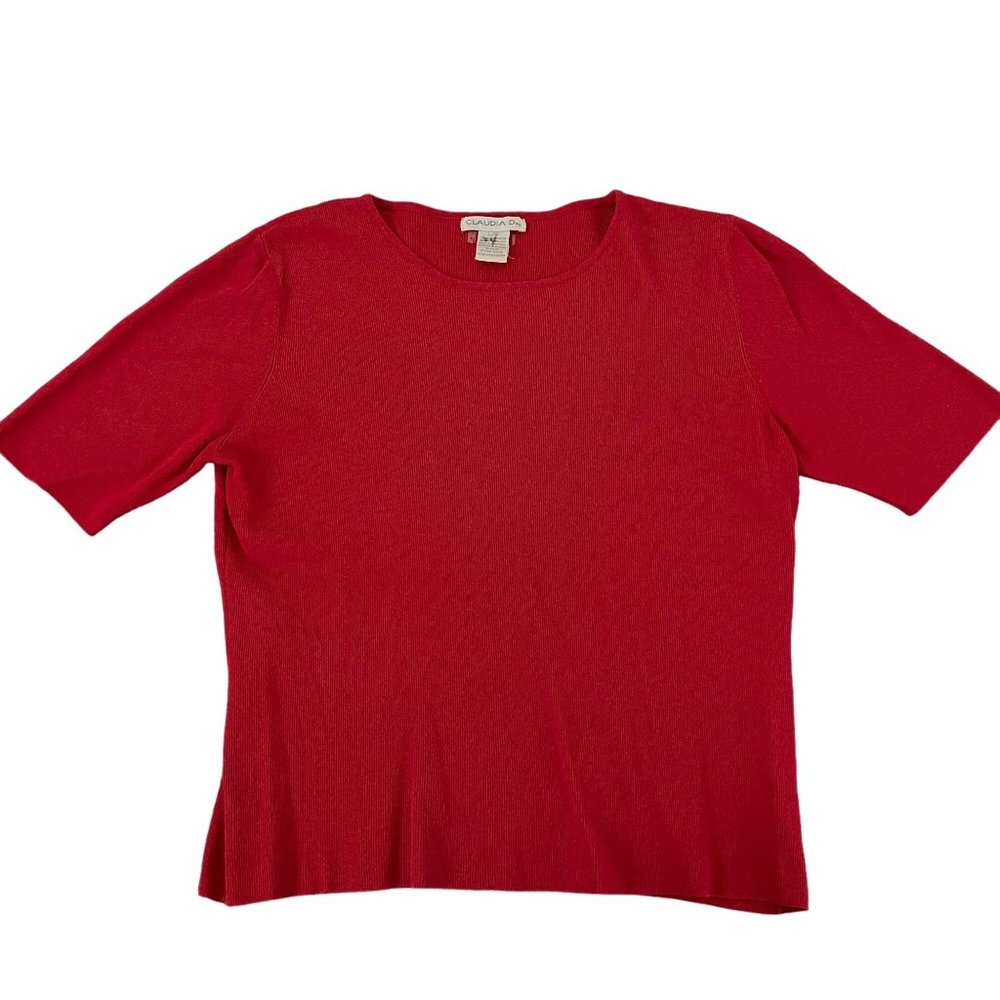 Claudia D. Women's Knit Red Crewneck Short Sleeve Top Ribbed, Size L